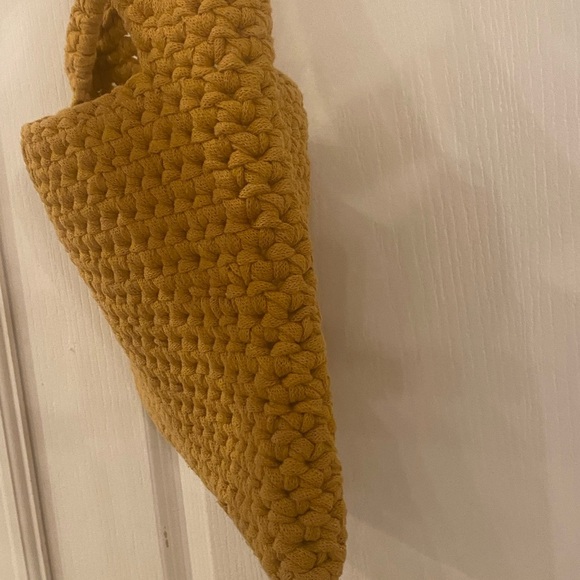 Vintage Handmade Crochet Woven Small Tote Bag Mustard Yellow Boho Trapillo - Picture 6 of 8